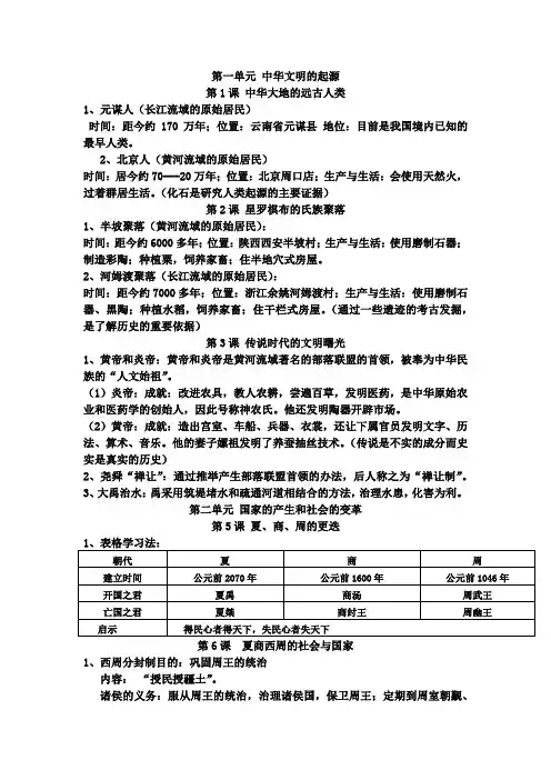 七年级上册历史期末复习提纲