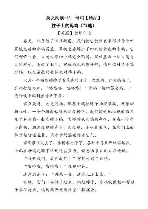 四年级下册语文试题-13母鸡(含答案)人教(部编版)
