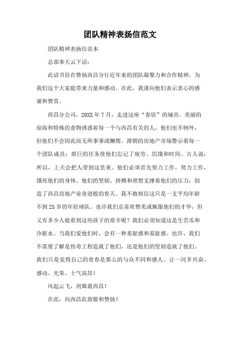 团队精神表扬信范文