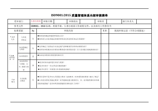iso9001人事行政部内部审核检查表