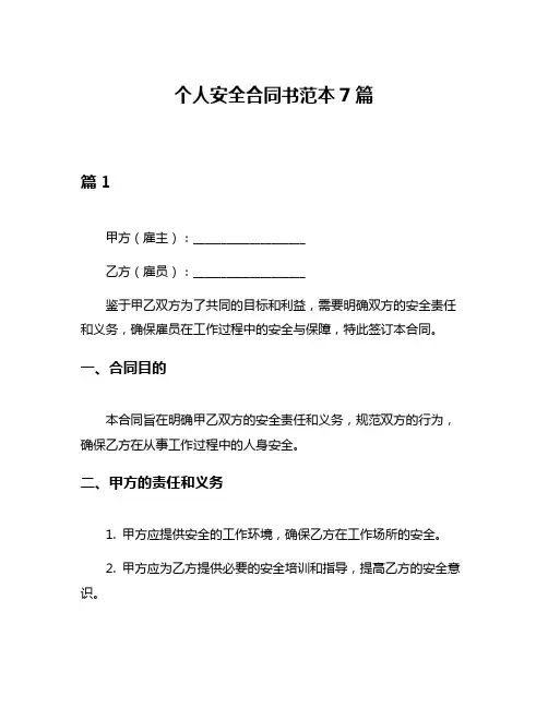 个人安全合同书范本7篇