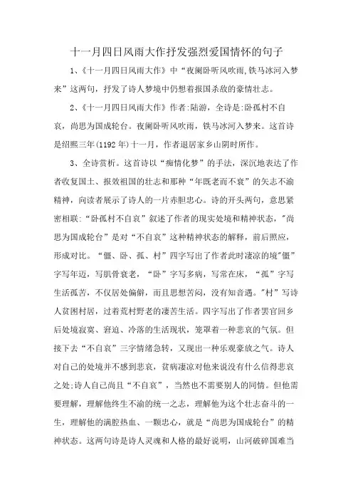 十一月四日风雨大作抒发强烈爱国情怀的句子