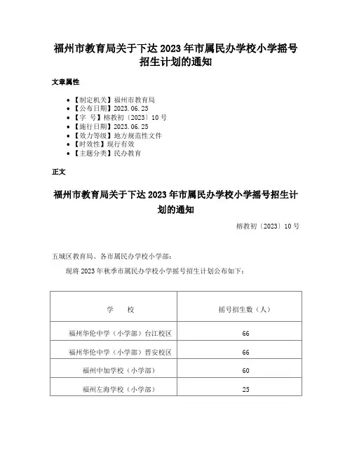 福州市教育局关于下达2023年市属民办学校小学摇号招生计划的通知