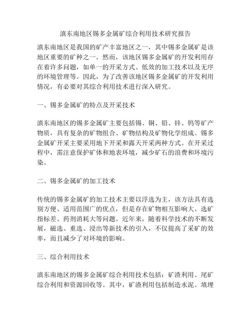 滇东南地区锡多金属矿综合利用技术研究报告