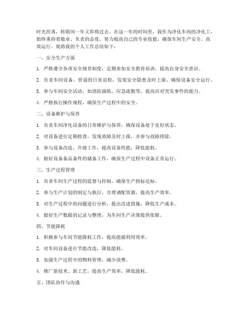 净化车间净化工个人工作总结