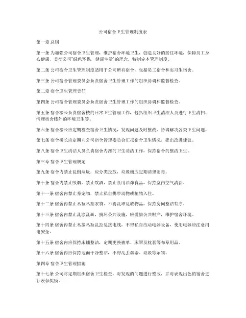 公司宿舍卫生管理制度表