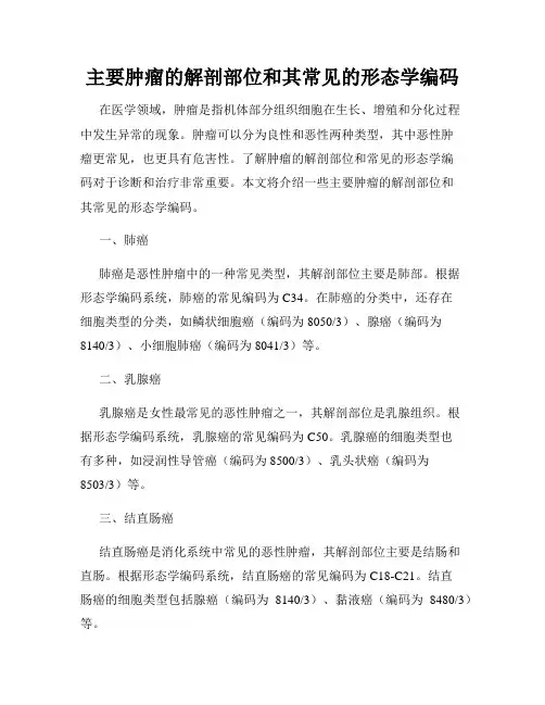 主要肿瘤的解剖部位和其常见的形态学编码