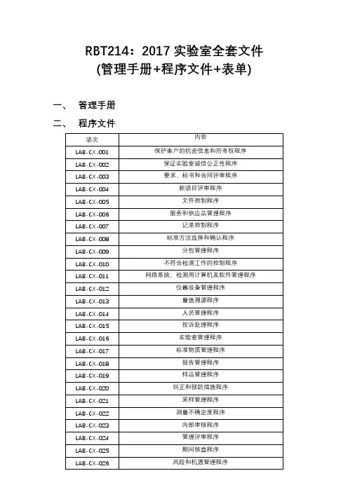 RBT214：2017实验室全套文件(手册+程序文件+表单)