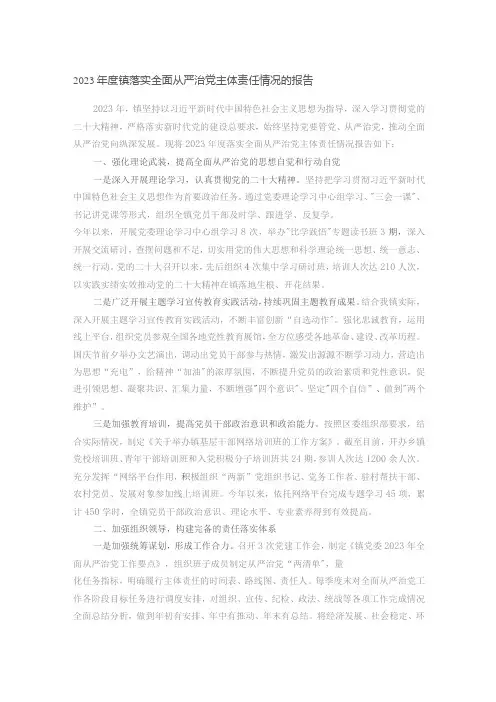 2023年度镇落实全面从严治党主体责任情况的报告