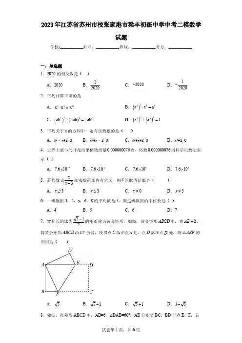 2023年江苏省苏州市校张家港市梁丰初级中学中考二模数学试题(含解析)