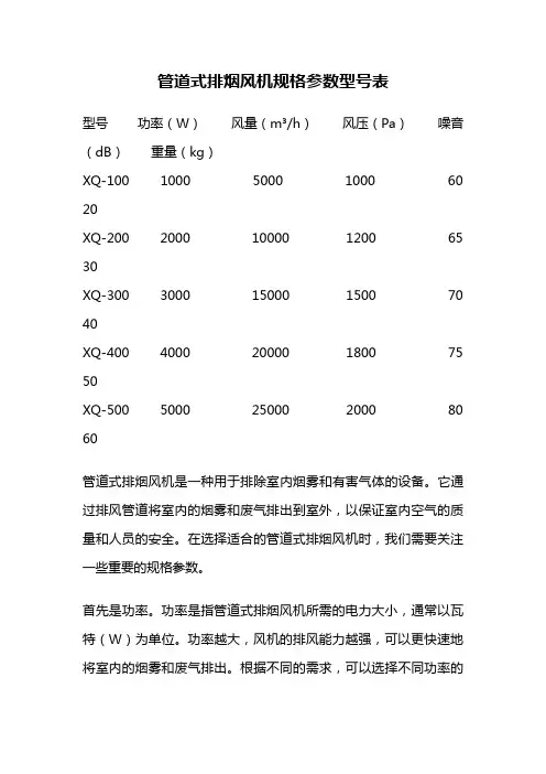 管道式排烟风机规格参数型号表