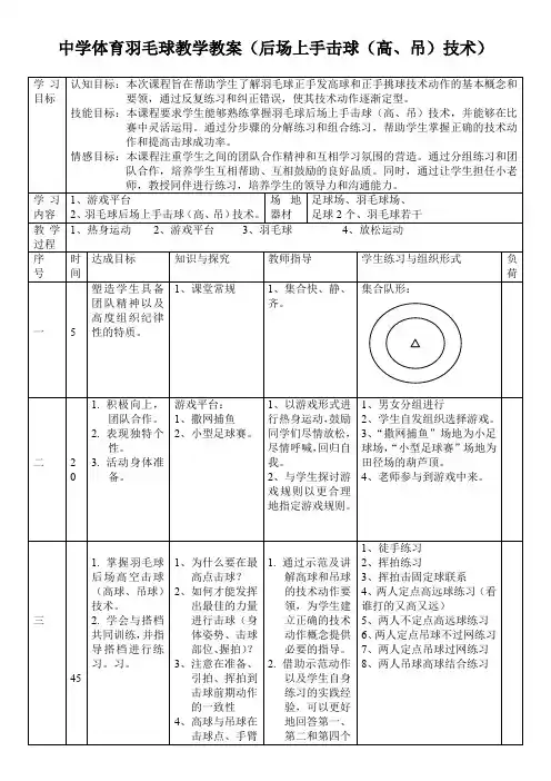 中学体育羽毛球教学教案(后场上手击球(高、吊)技术)