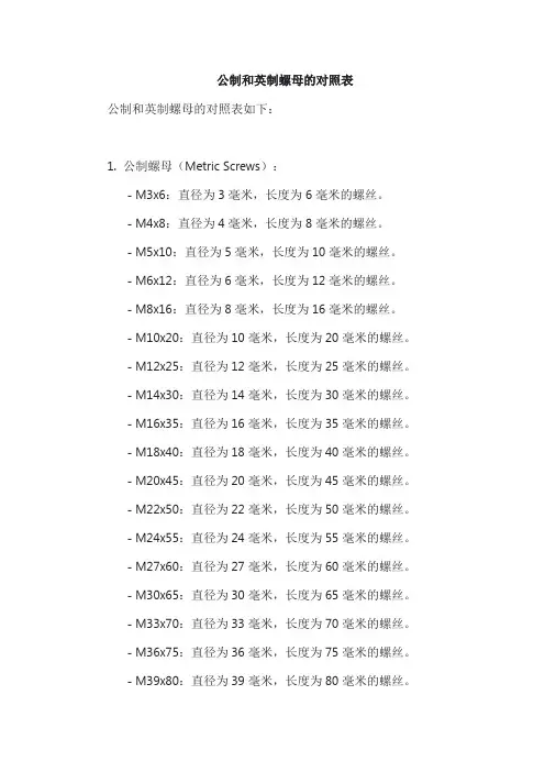 公制和英制螺母的对照表