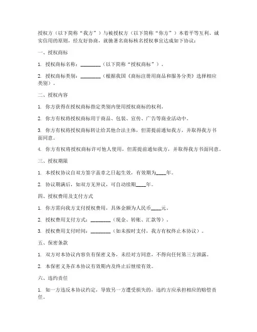 驰著名商标核名授权书