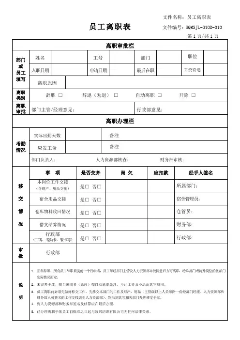 员工离职表