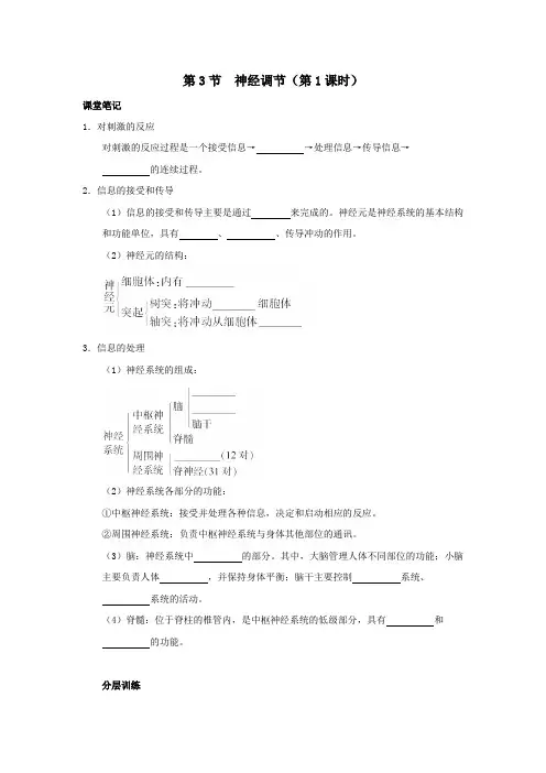 八年级科学上册第3章生命活动的调节第3节神经调节(第1课时)作业设计(新版)浙教版