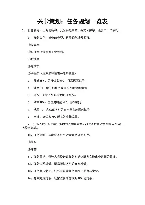 游戏关卡策划：任务规划一览表