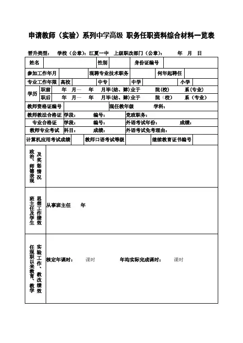 武汉市中学高级教师评审综合材料一览表(空白)