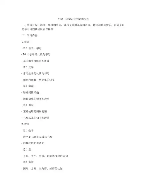 小学一年学习计划思维导图