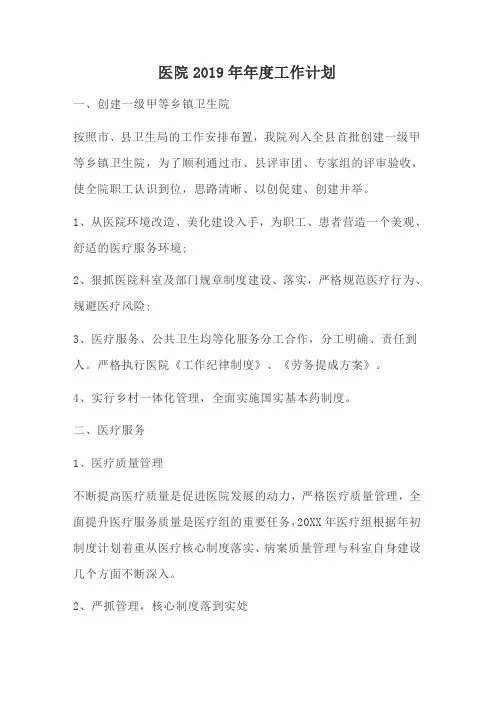 2019年医院2019年年度工作计划