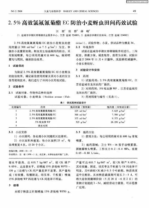 2.5%高效氯氟氰菊酯EC防治小麦蚜虫田间药效试验