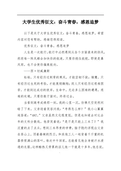 大学生优秀征文：奋斗青春,感恩追梦