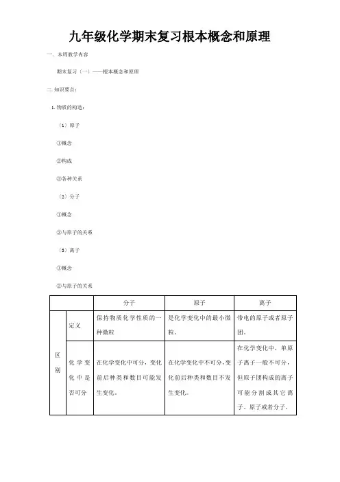 九年级化学期末复习 基本概念和原理 四年制 试题