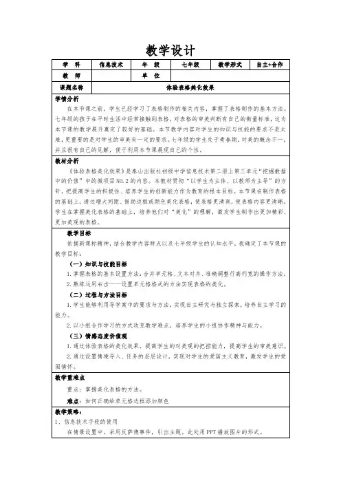 体验表格美化效果教学设计