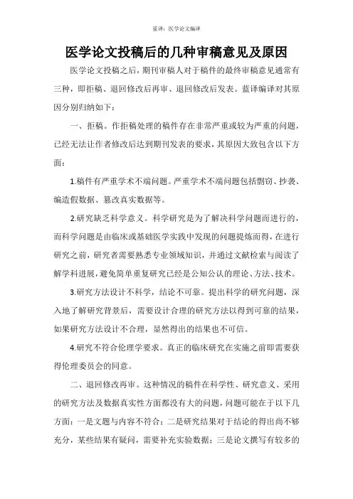 医学论文投稿后的几种审稿意见及原因