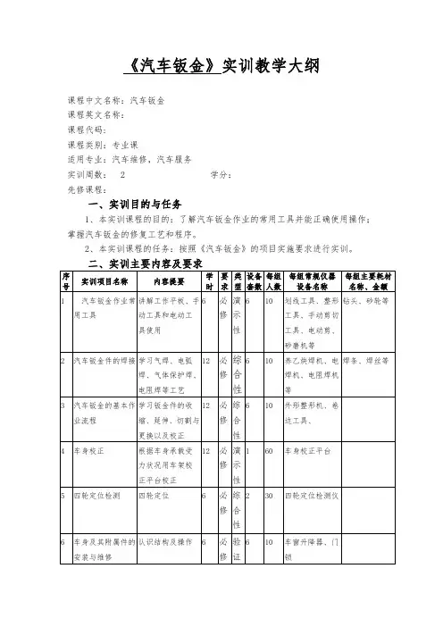 《汽车钣金》实训教学大纲