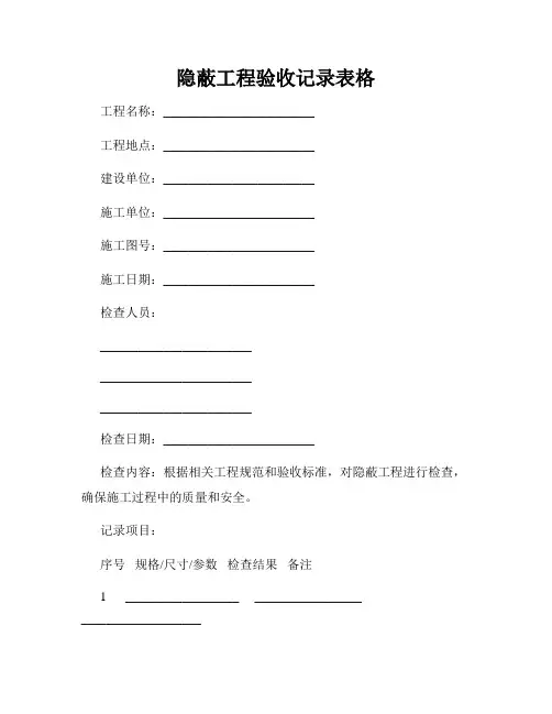 隐蔽工程验收记录表格