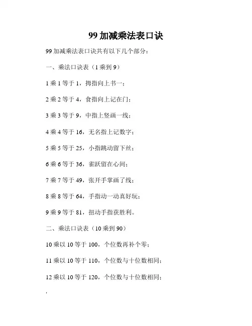 99加减乘法表口诀