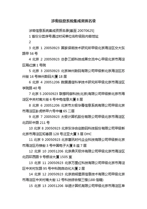 涉密信息系统集成资质名录