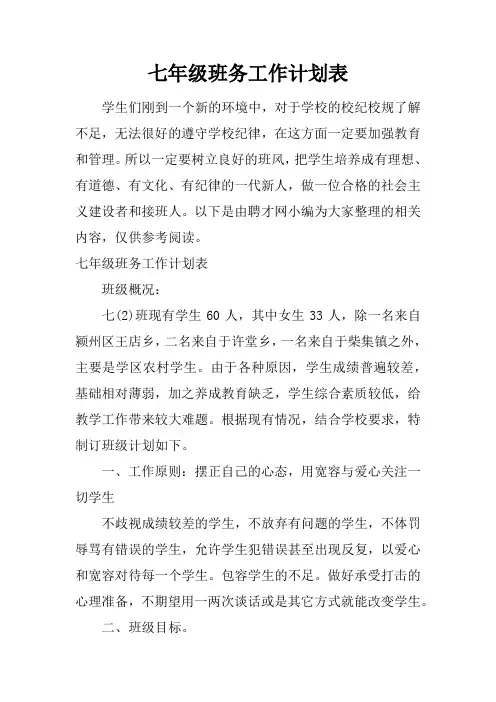 七年级班务工作计划表