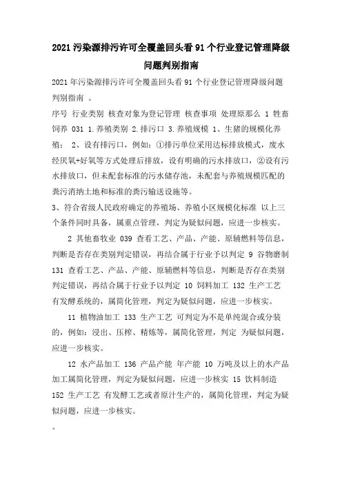 污染源排污许可全覆盖回头看91个行业登记管理降级问题判别指南