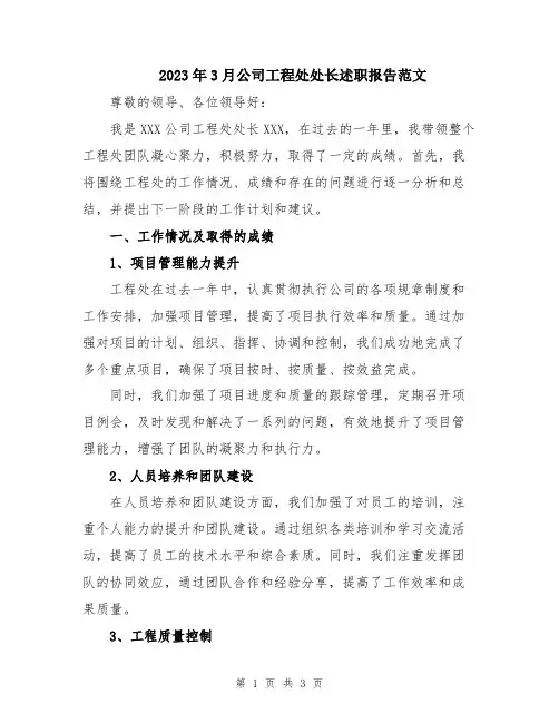 2023年3月公司工程处处长述职报告范文