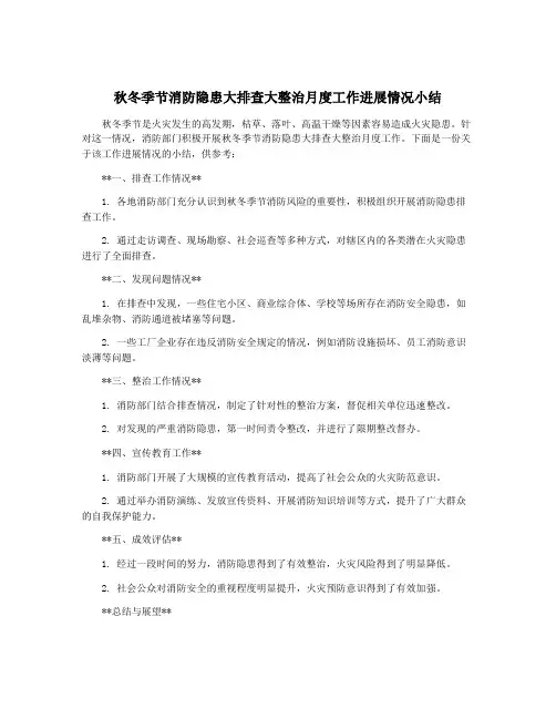 秋冬季节消防隐患大排查大整治月度工作进展情况小结