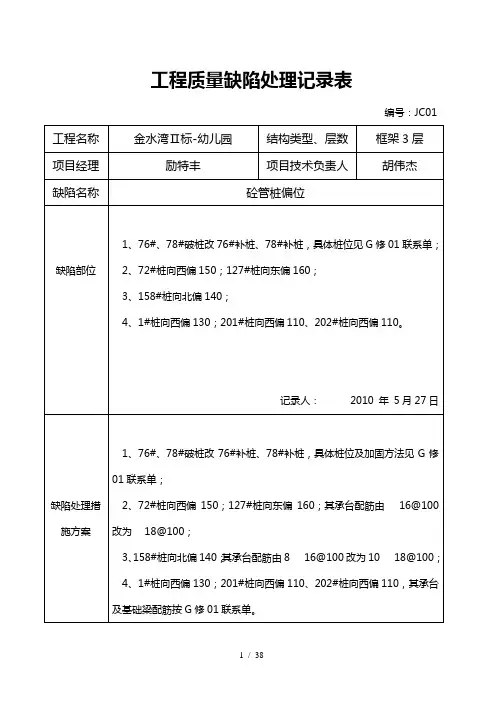 质量缺陷处理记录表