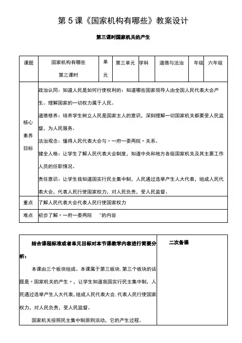 核心素养目标53 国家机构有哪些 第3课时 国家机关的产生 教案设计