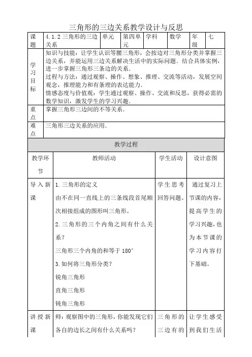三角形的三边关系教学设计与反思