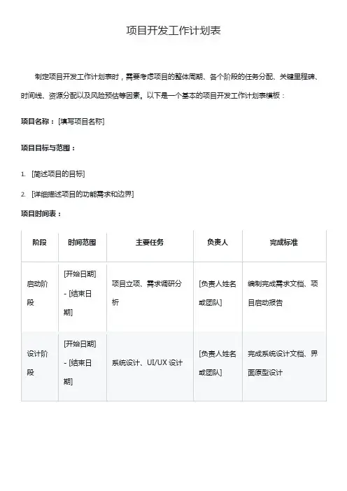 项目开发工作计划表