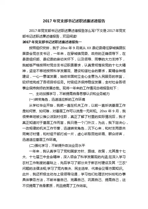 2017年党支部书记述职述廉述德报告