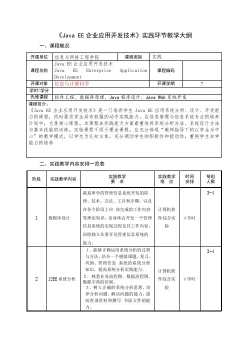 《Java EE 企业应用开发技术》实践教学大纲