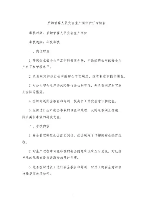后勤管理人员安全生产岗位责任考核表