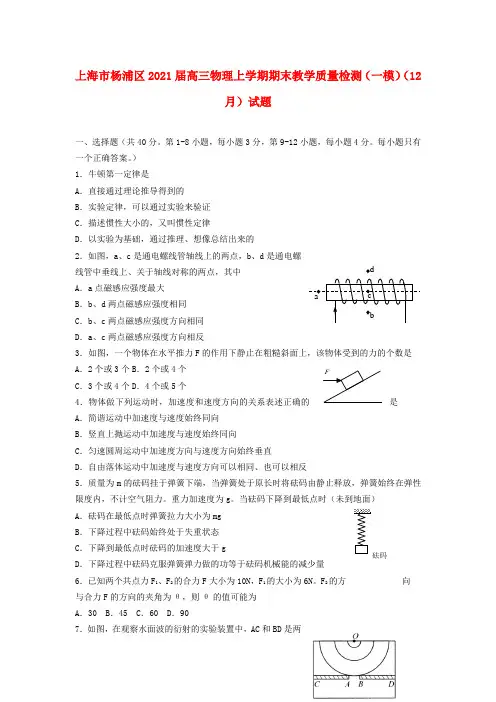 上海市杨浦区2021届高三上学期期末教学质量检测(一模)物理试题及答案