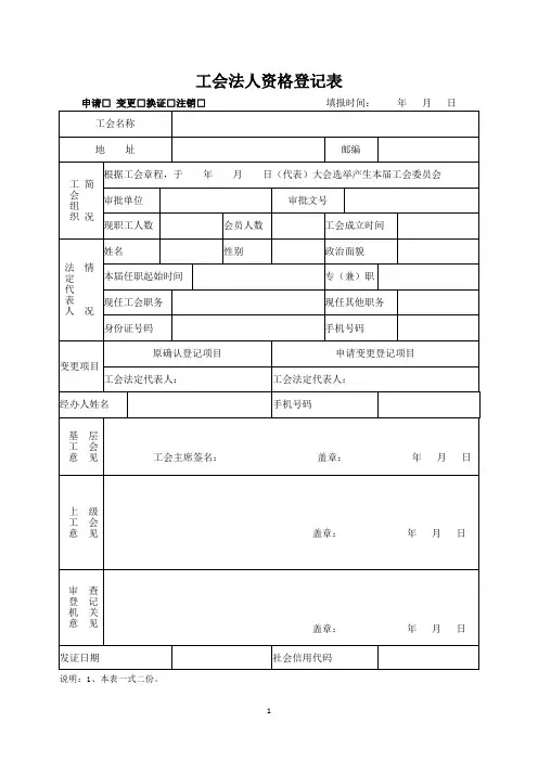 工会法人资格登记表