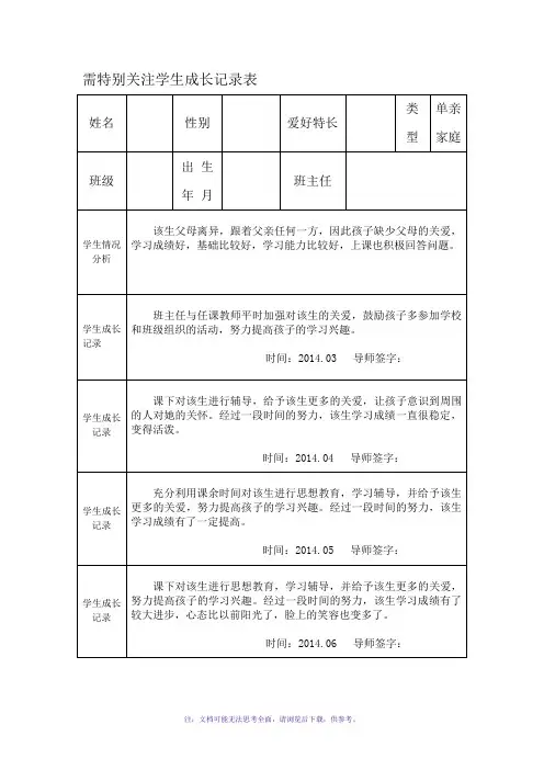 需特别关注学生成长记录表