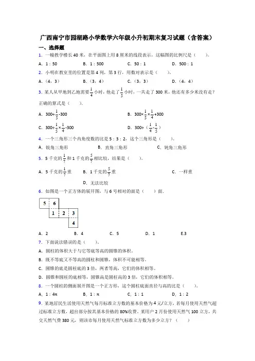 广西南宁市园湖路小学数学六年级小升初期末复习试题(含答案)