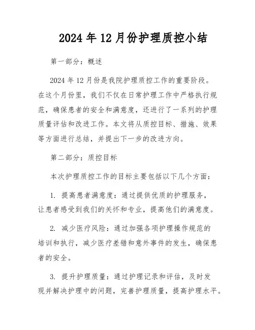 2024年12月份护理质控小结