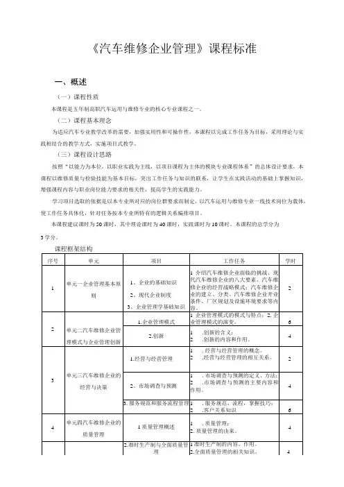 《汽车维修企业管理》课程标准
